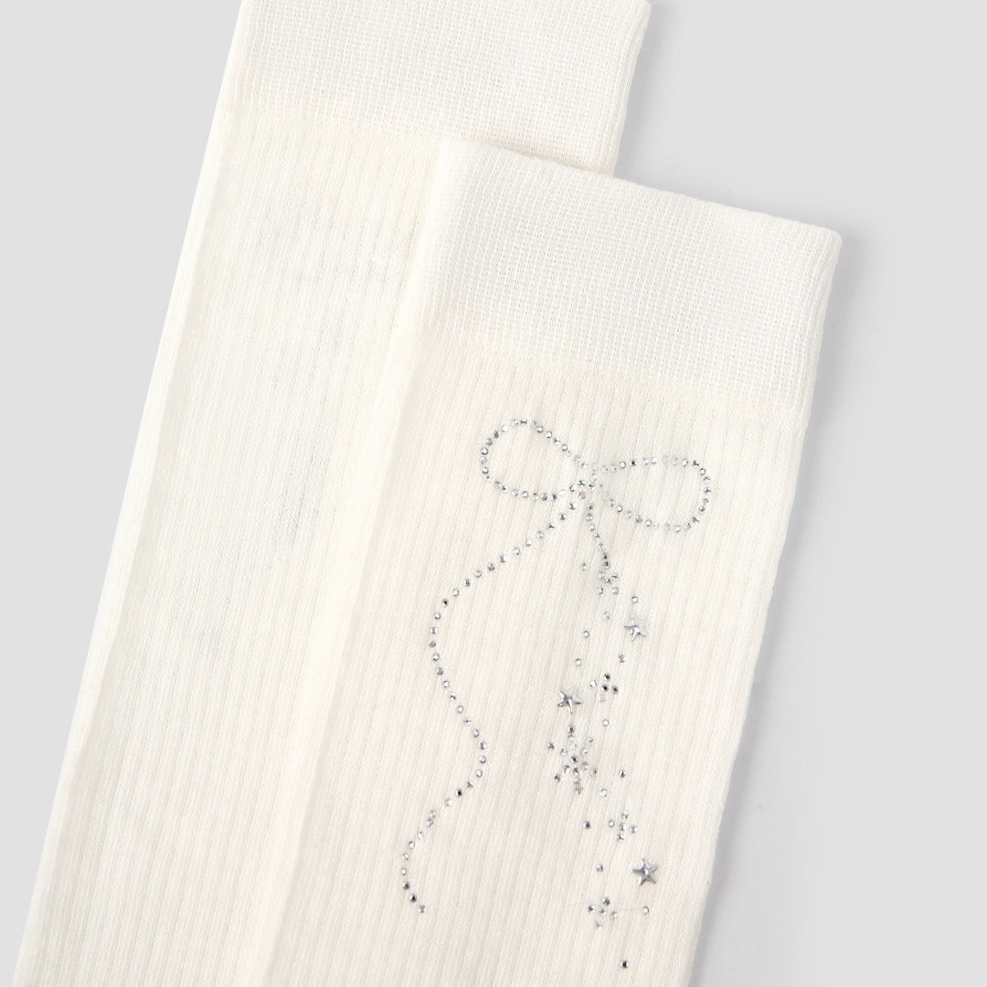 Women's Sheer Diamante Bow Calf Socks - product photo showing seamless stretch comfort