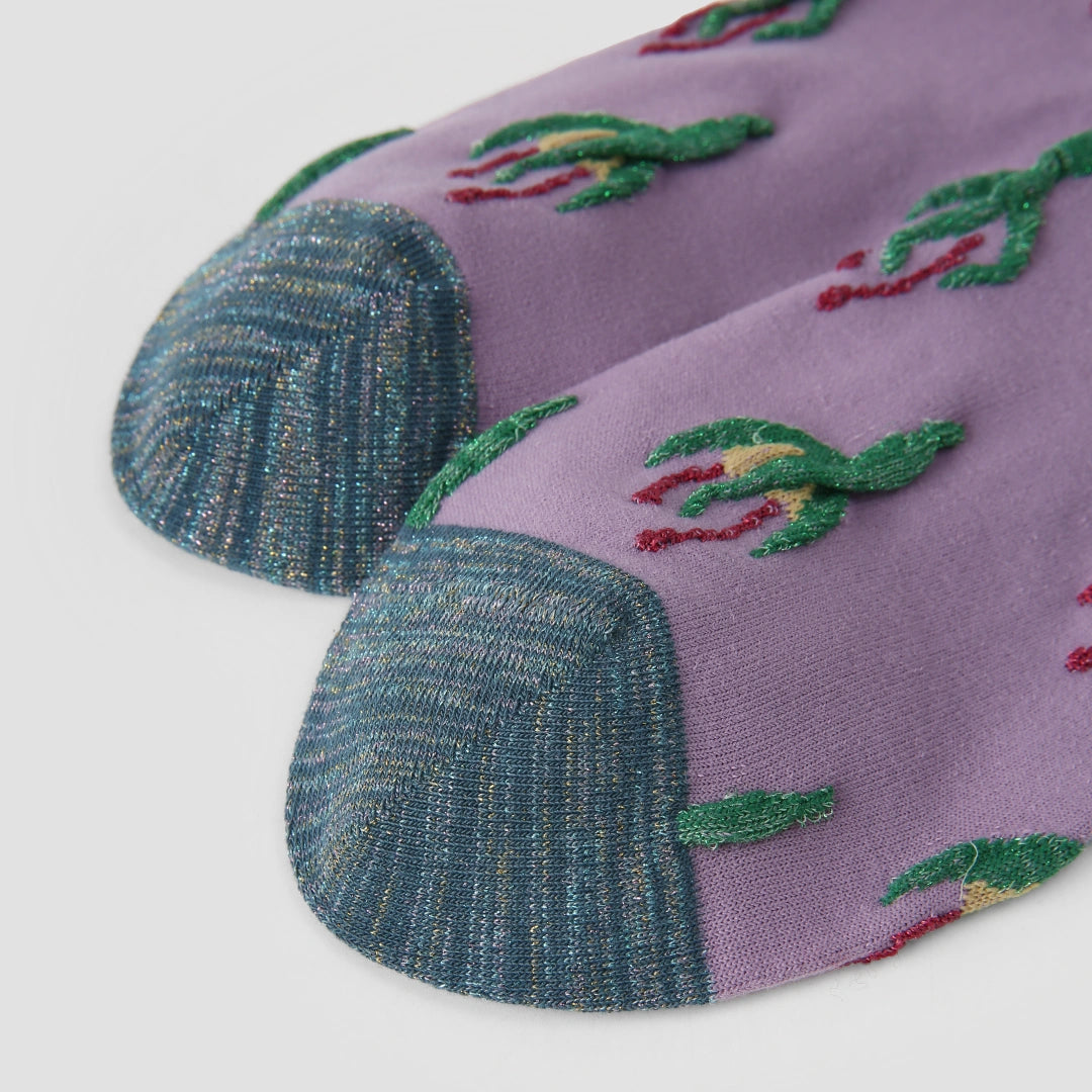 Women's Designer 3D Tufted Floral & Metallic Stripe Crew Socks (3-Pack)