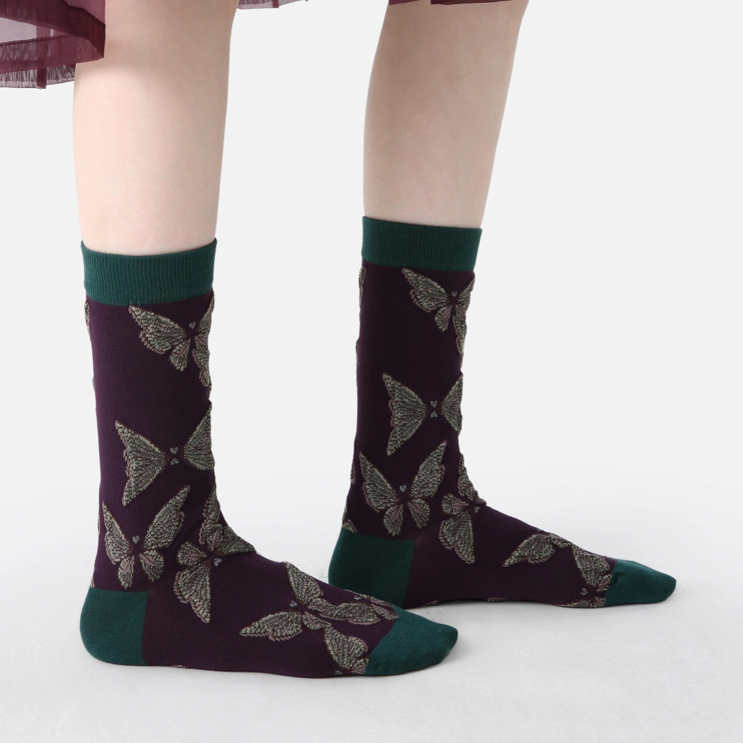 Women's Designer 3D Butterfly & Shimmer Grid Crew Socks (3-Pack)