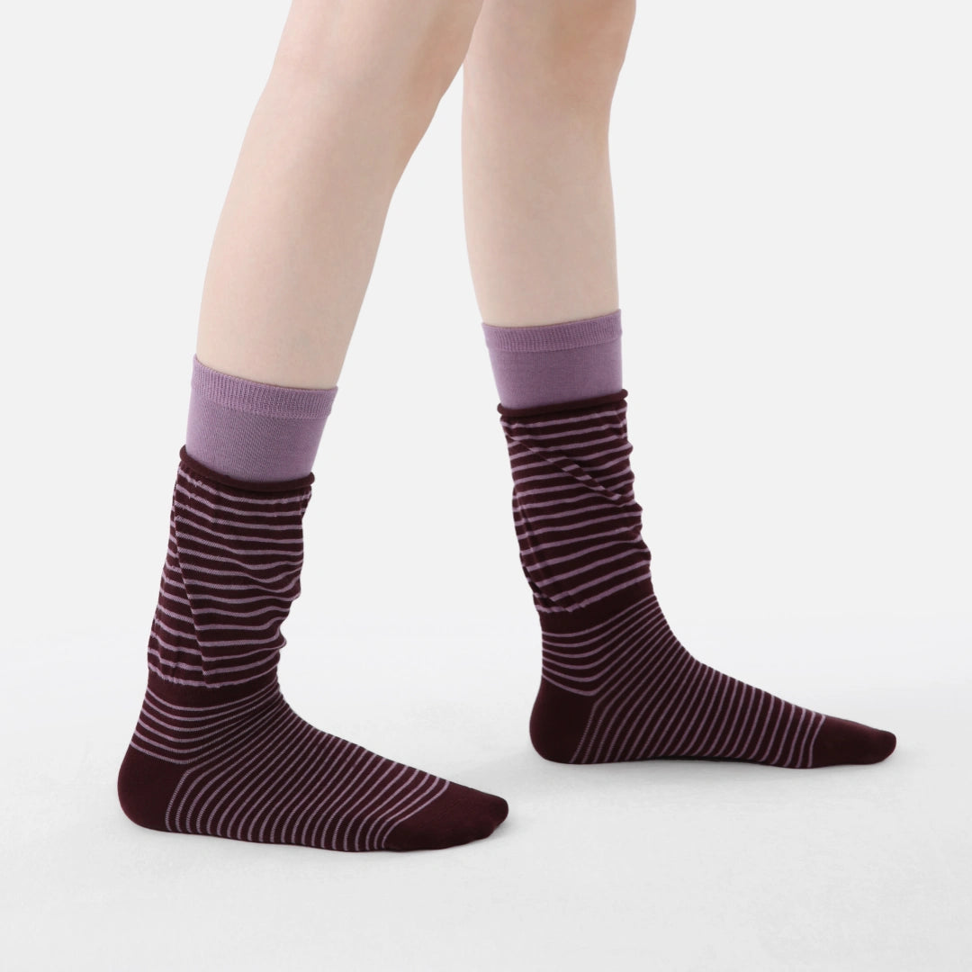 Women's Designer Maroon & Lilac Striped Non-Binding Slouch Crew Socks