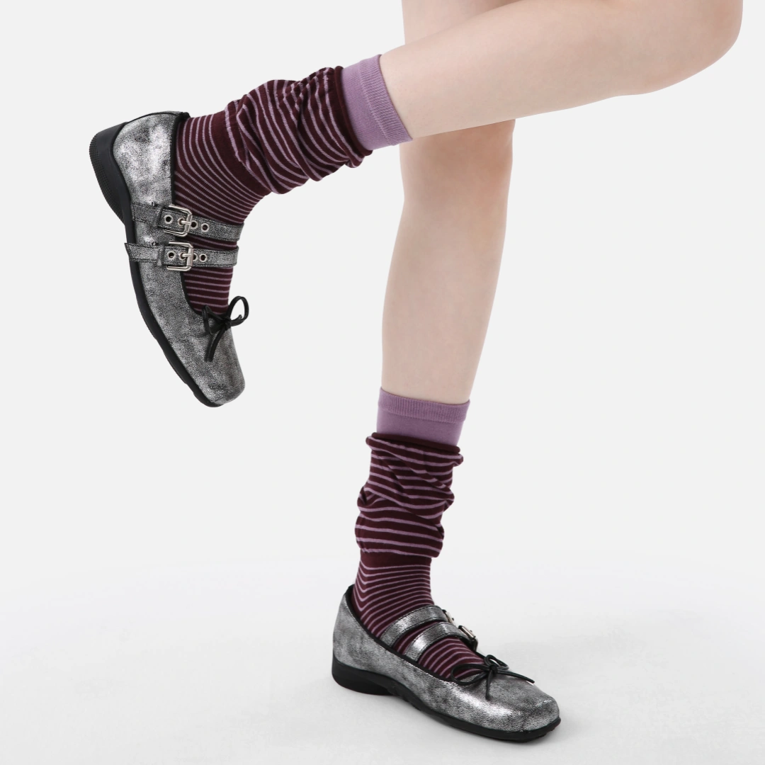 Women's Designer Maroon & Lilac Striped Non-Binding Slouch Crew Socks