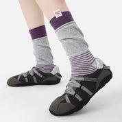 Women's Designer Heather Grey & Plum Purple Striped Non-Binding Slouch Crew Socks