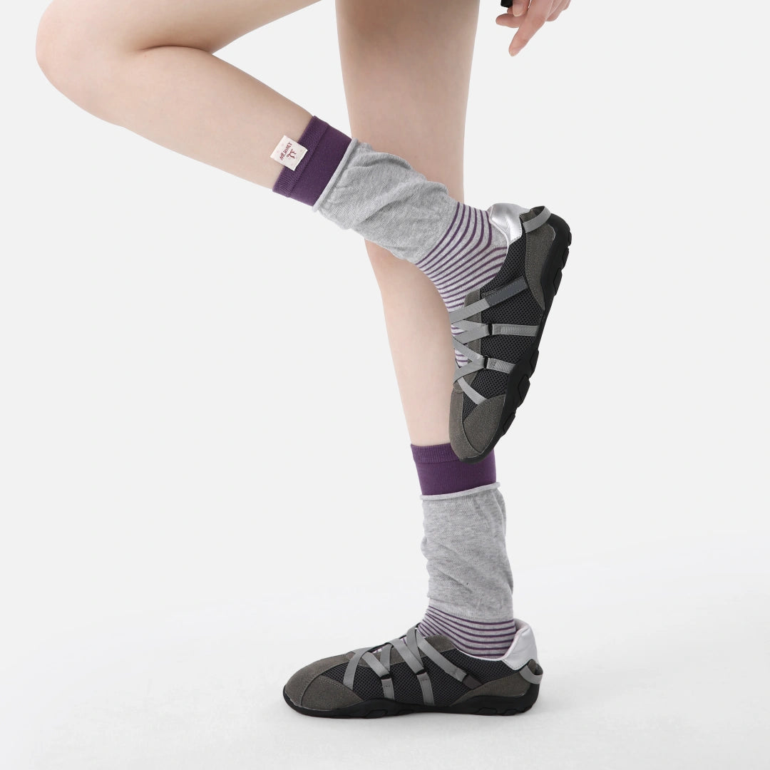 Women's Designer Heather Grey & Plum Purple Striped Non-Binding Slouch Crew Socks