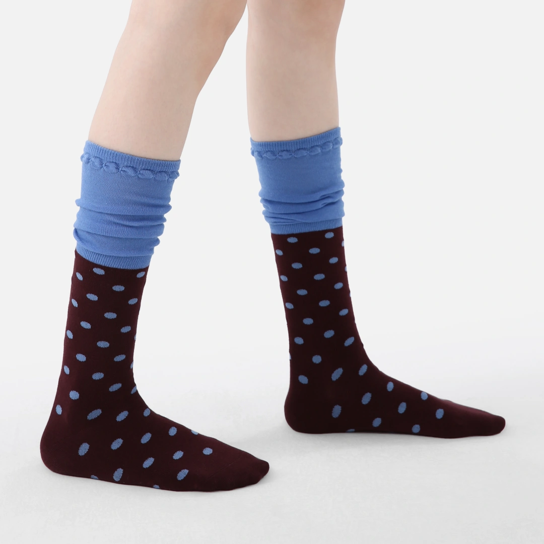 Women's Designer Chocolate & Sky Blue Polka Dot Ruched Slouch Crew Socks