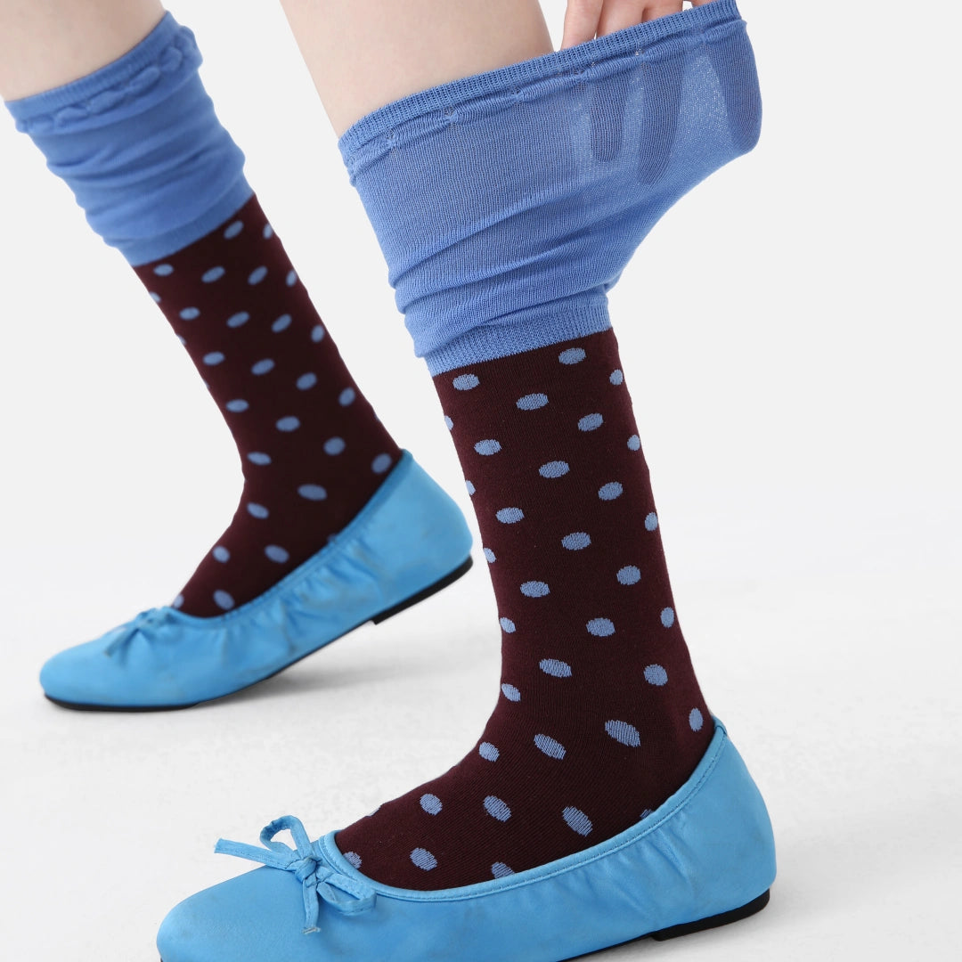 Women's Designer Chocolate & Sky Blue Polka Dot Ruched Slouch Crew Socks