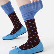 Women's Designer Chocolate & Sky Blue Polka Dot Ruched Slouch Crew Socks