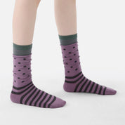 Women's Designer Dusty Purple & Charcoal Polka Dot Striped Non-Binding Slouch Crew Socks