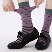 Women's Designer Dusty Purple & Charcoal Polka Dot Striped Non-Binding Slouch Crew Socks