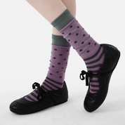 Women's Designer Dusty Purple & Charcoal Polka Dot Striped Non-Binding Slouch Crew Socks