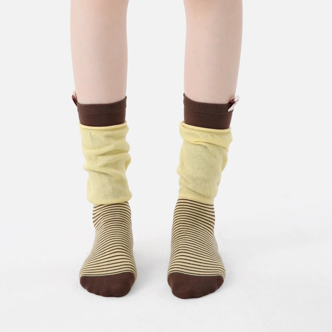 Women's Designer Butter Yellow & Mocha Striped Non-Binding Slouch Crew Socks