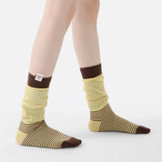 Women's Designer Butter Yellow & Mocha Striped Non-Binding Slouch Crew Socks
