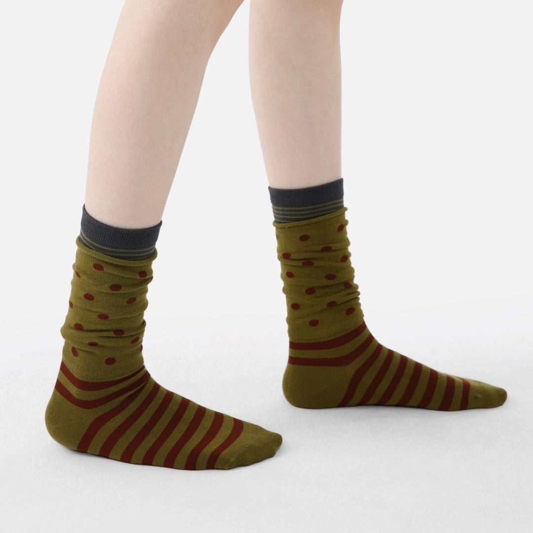 Women's Designer Olive & Rust Polka Dot Striped Non-Binding Slouch Crew Socks