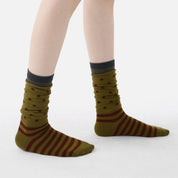 Women's Designer Olive & Rust Polka Dot Striped Non-Binding Slouch Crew Socks