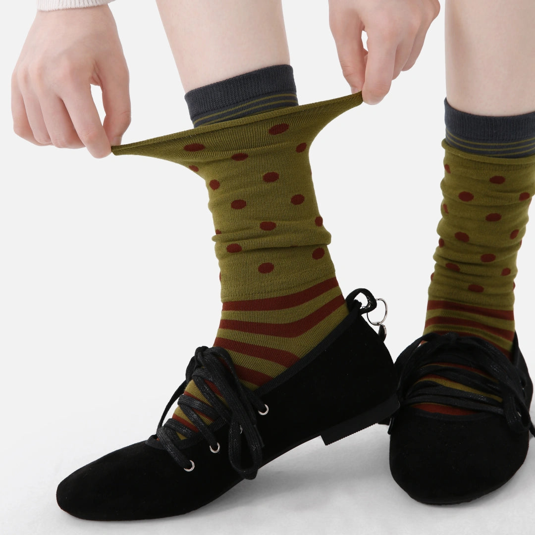 Women's Designer Olive & Rust Polka Dot Striped Non-Binding Slouch Crew Socks