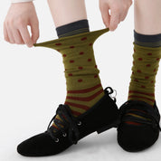 Women's Designer Olive & Rust Polka Dot Striped Non-Binding Slouch Crew Socks