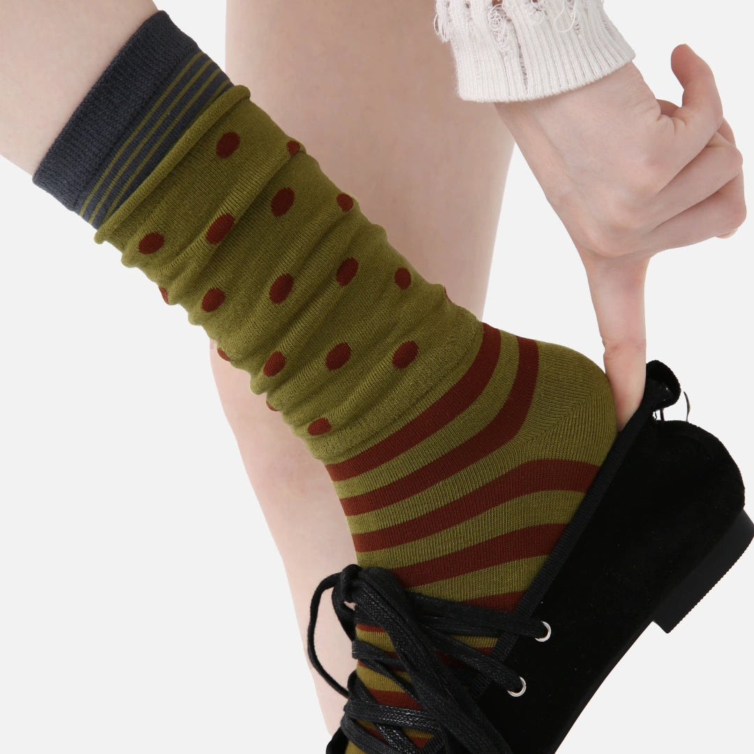 Women's Designer Olive & Rust Polka Dot Striped Non-Binding Slouch Crew Socks