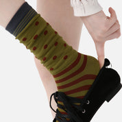 Women's Designer Olive & Rust Polka Dot Striped Non-Binding Slouch Crew Socks