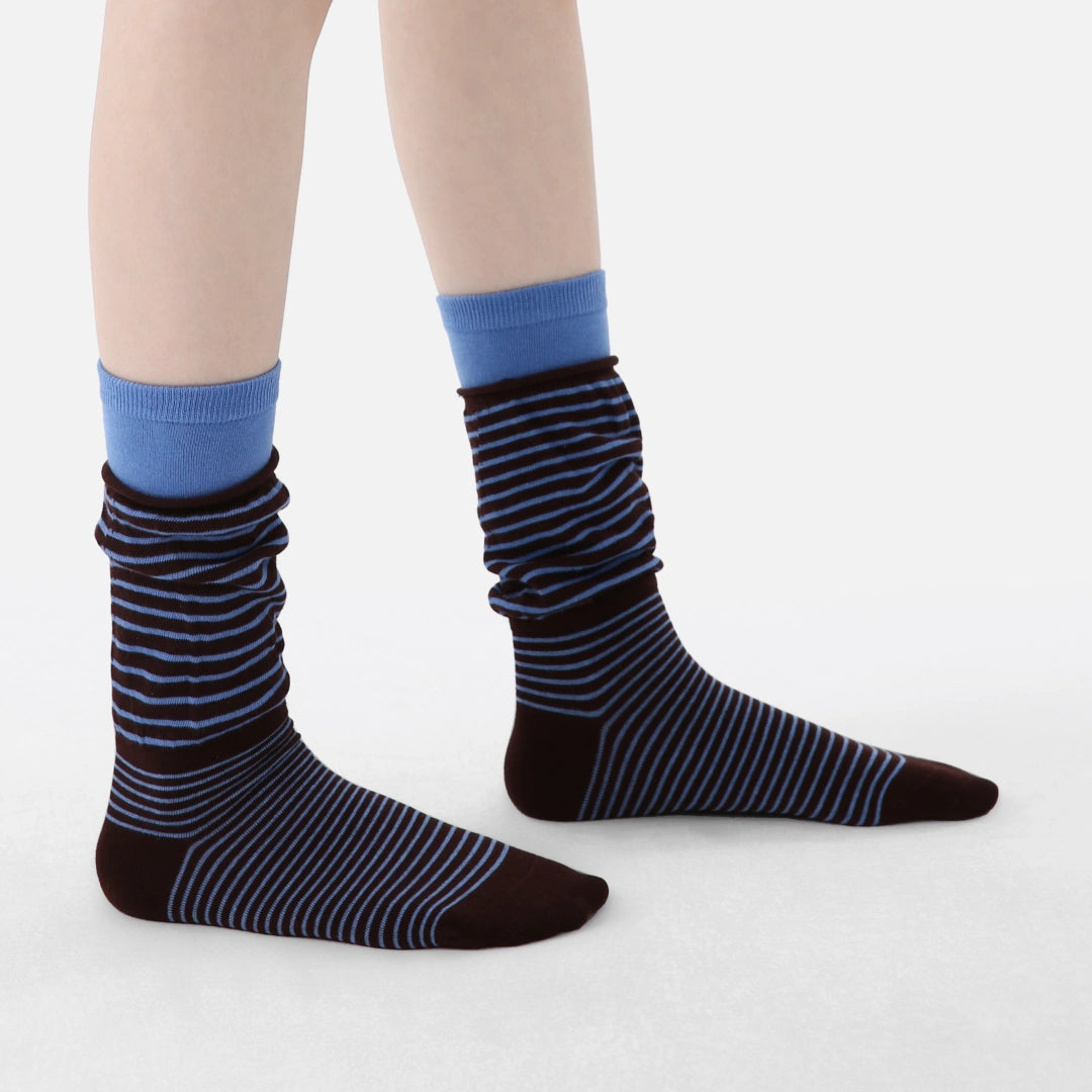 Women's Designer Espresso & Sky Blue Striped Non-Binding Slouch Crew Socks
