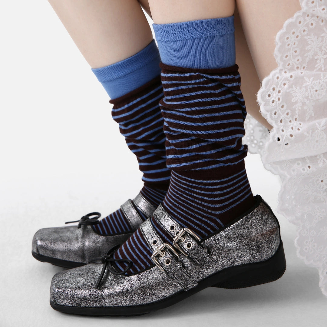Women's Designer Espresso & Sky Blue Striped Non-Binding Slouch Crew Socks