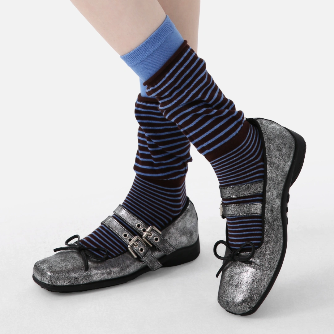 Women's Designer Espresso & Sky Blue Striped Non-Binding Slouch Crew Socks