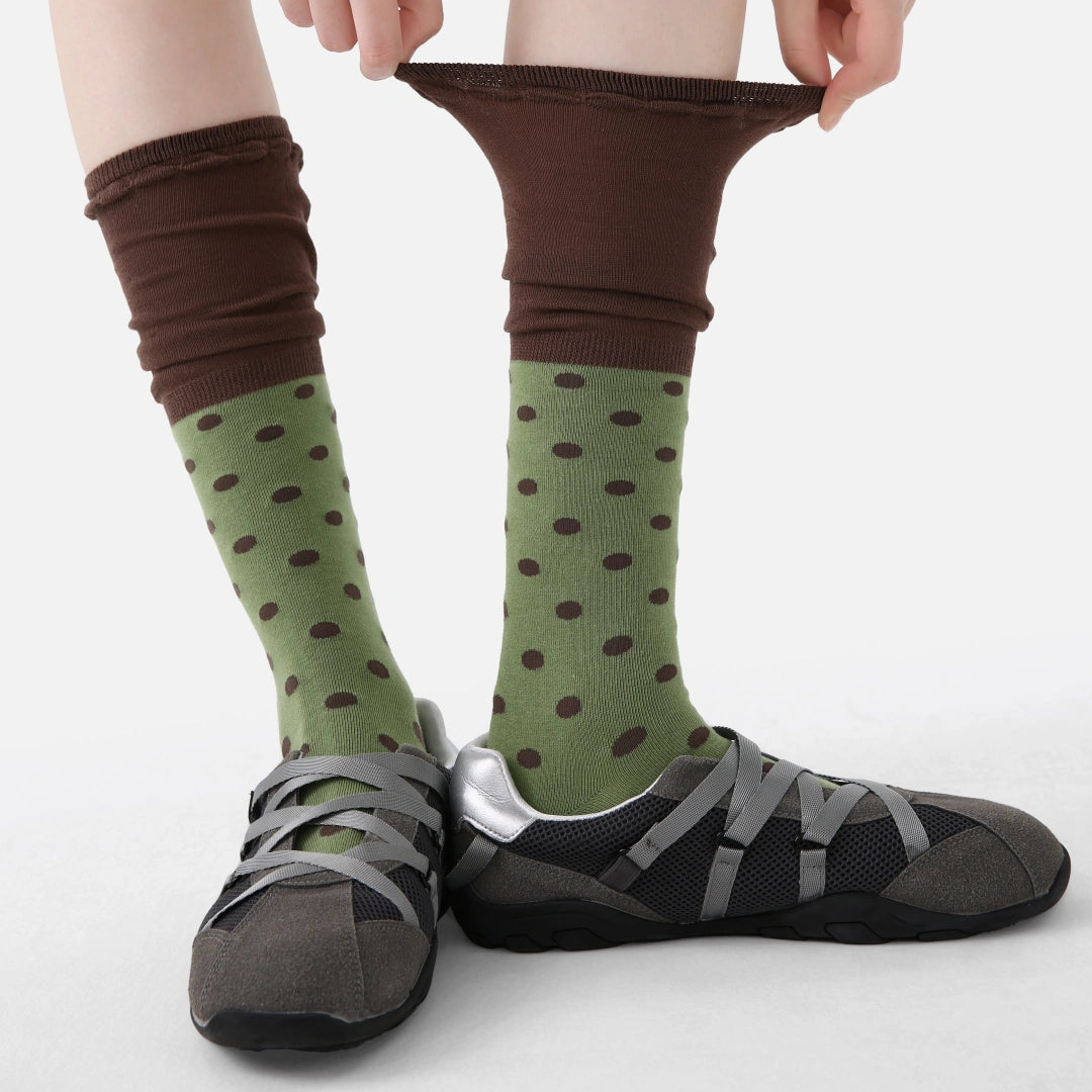 Women's Designer Matcha & Espresso Polka Dot Ruched Slouch Crew Socks