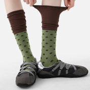 Women's Designer Matcha & Espresso Polka Dot Ruched Slouch Crew Socks
