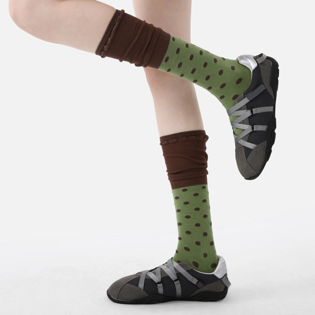 Women's Designer Matcha & Espresso Polka Dot Ruched Slouch Crew Socks
