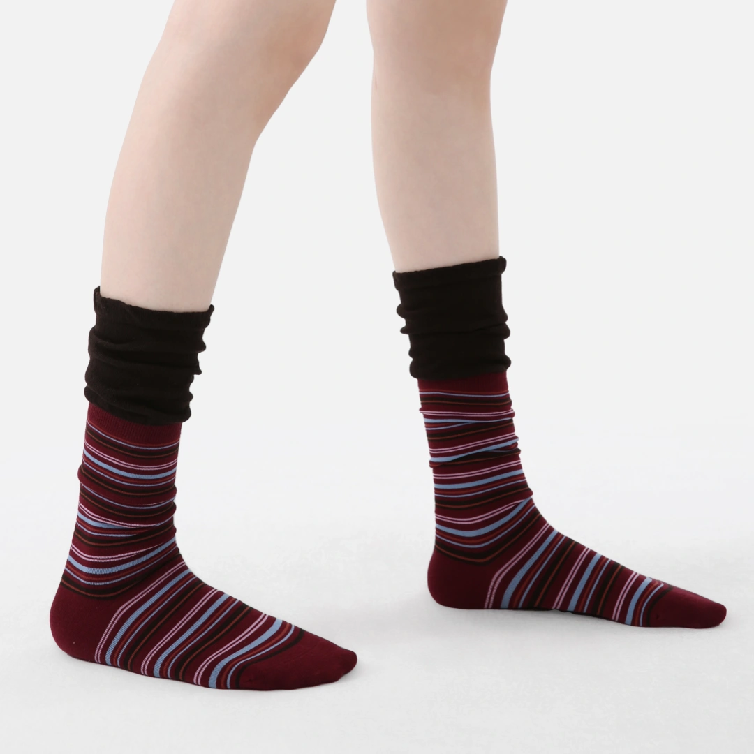 Women's Designer Burgundy & Sky Blue Striped Non-Binding Slouch Crew Socks