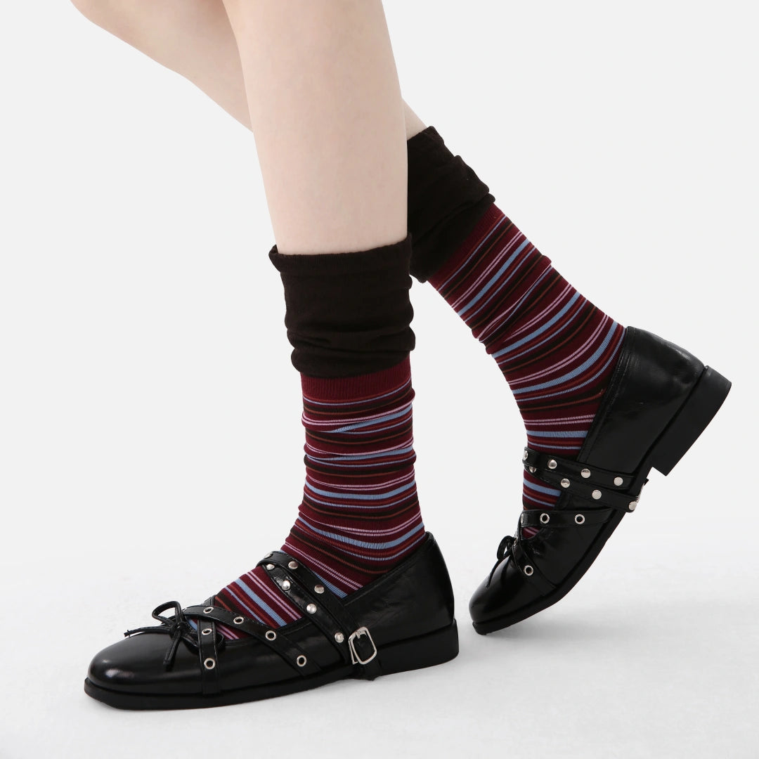 Women's Designer Burgundy & Sky Blue Striped Non-Binding Slouch Crew Socks
