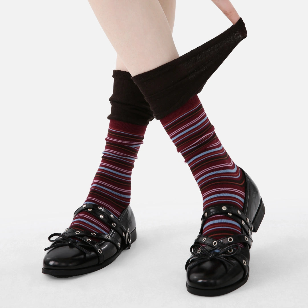 Women's Designer Burgundy & Sky Blue Striped Non-Binding Slouch Crew Socks