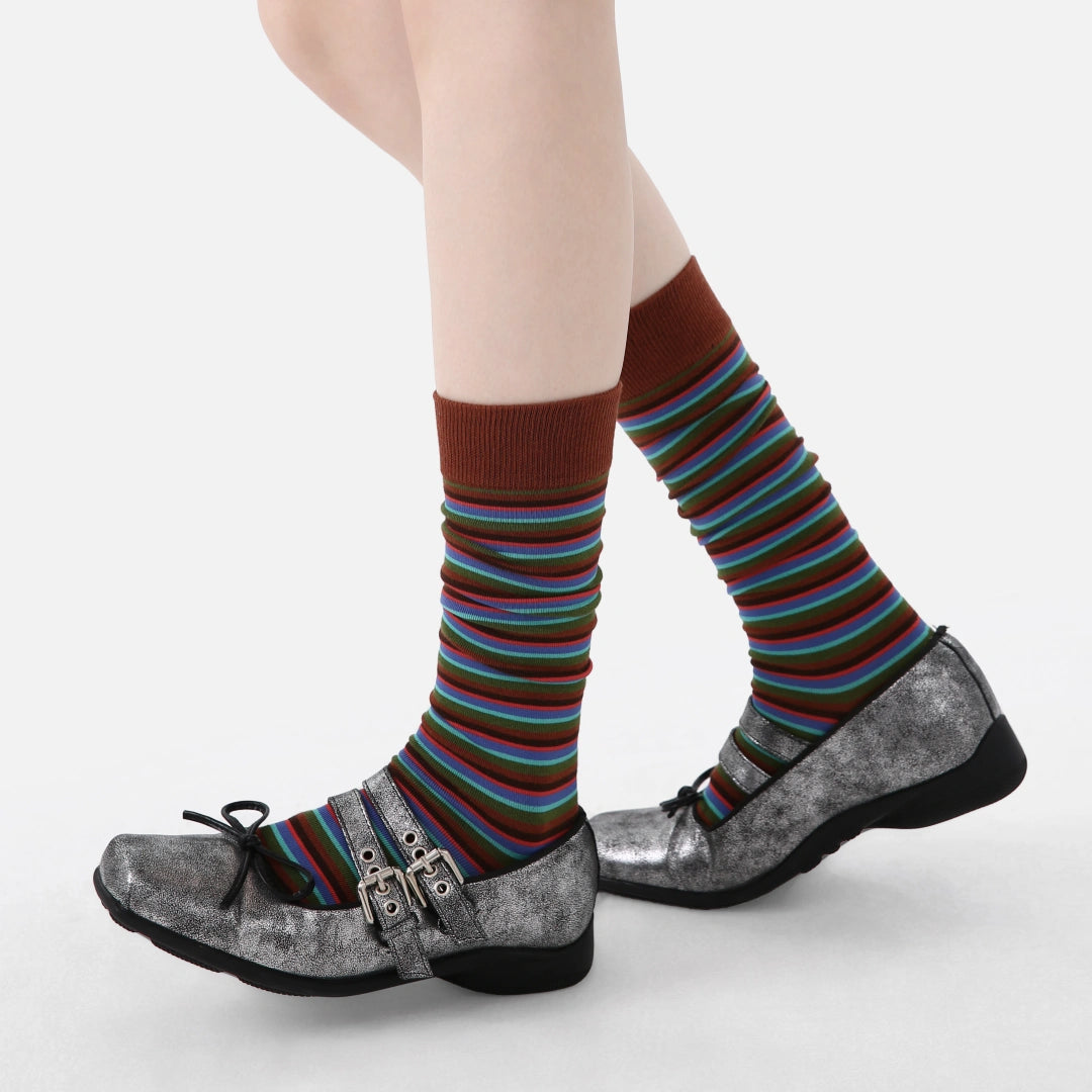 Women's Designer Cobalt & Olive Multi-Striped Colorblock Crew Socks