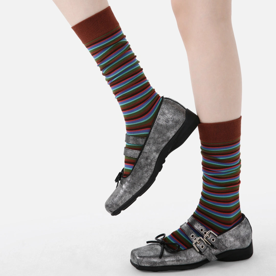 Women's Designer Cobalt & Olive Multi-Striped Colorblock Crew Socks