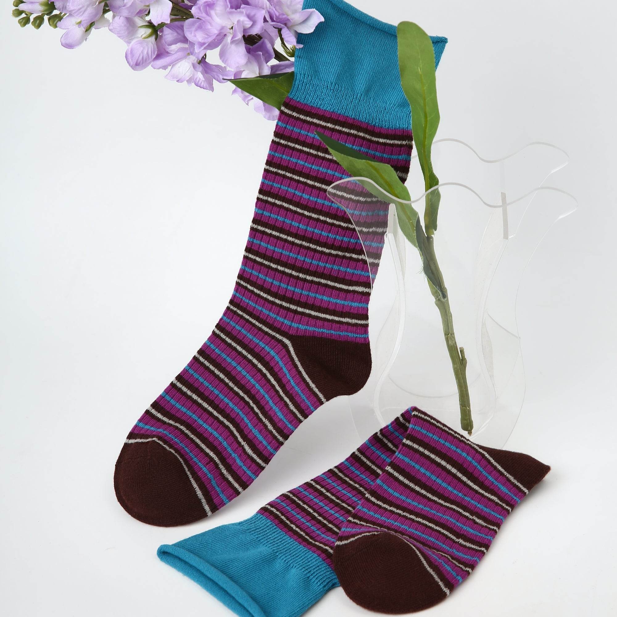 Women's Bright Blue Cuff Stripe Crew Socks - Single Pair
