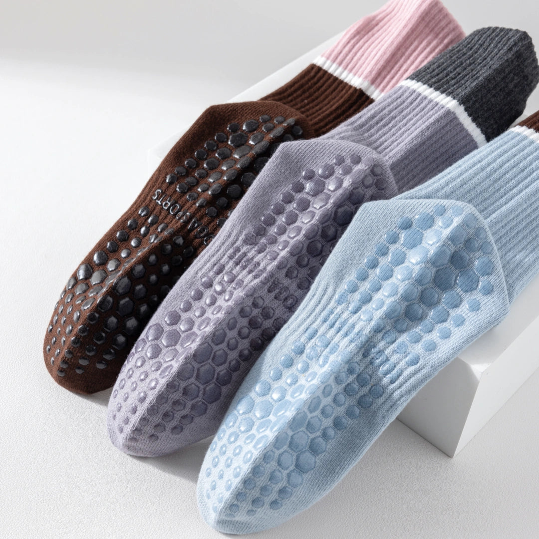 Women's 92% Cotton Yoga Mesh Crew Socks - product photo showing secure grip comfort