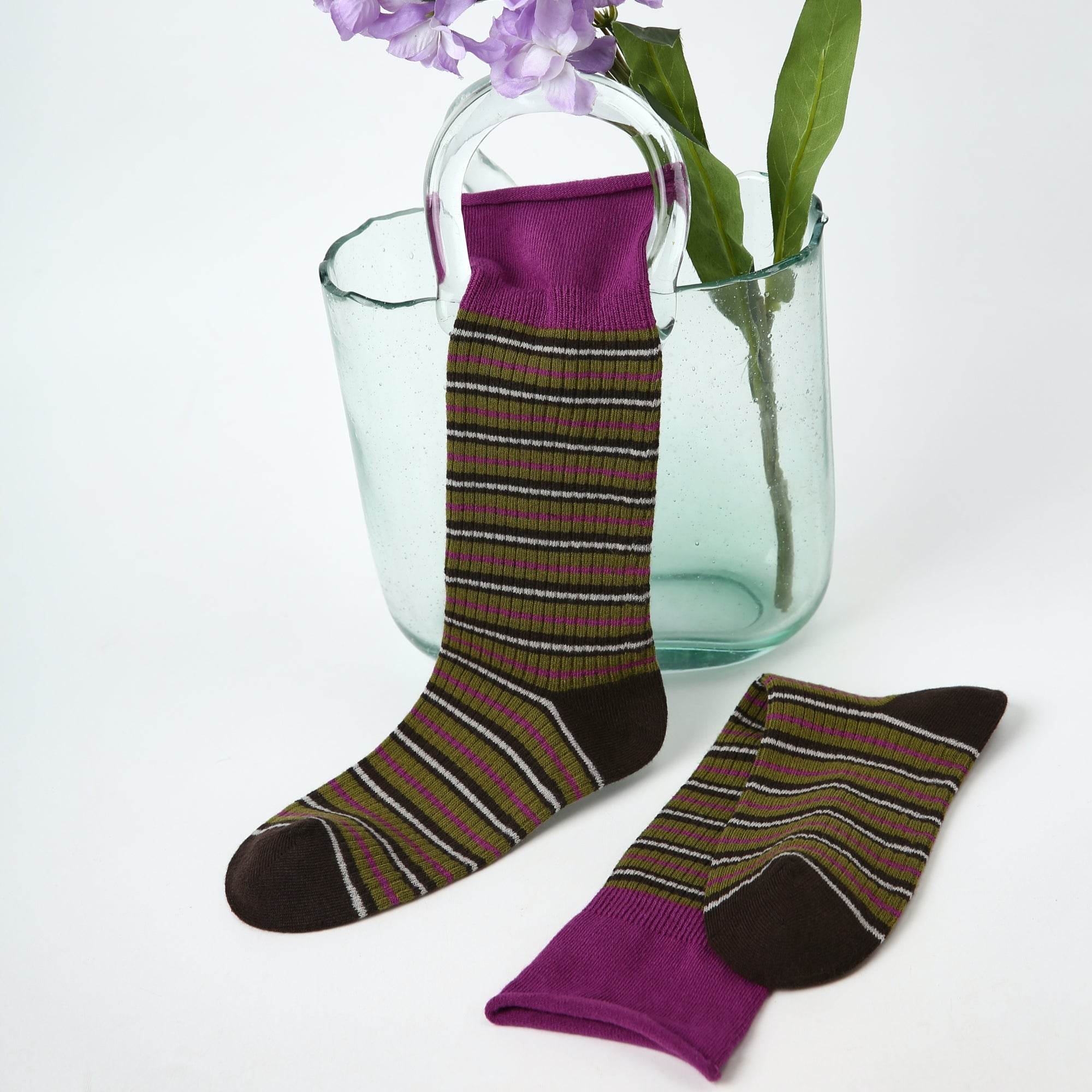 Women's Purple Cuff Stripe Crew Socks - Single Pair