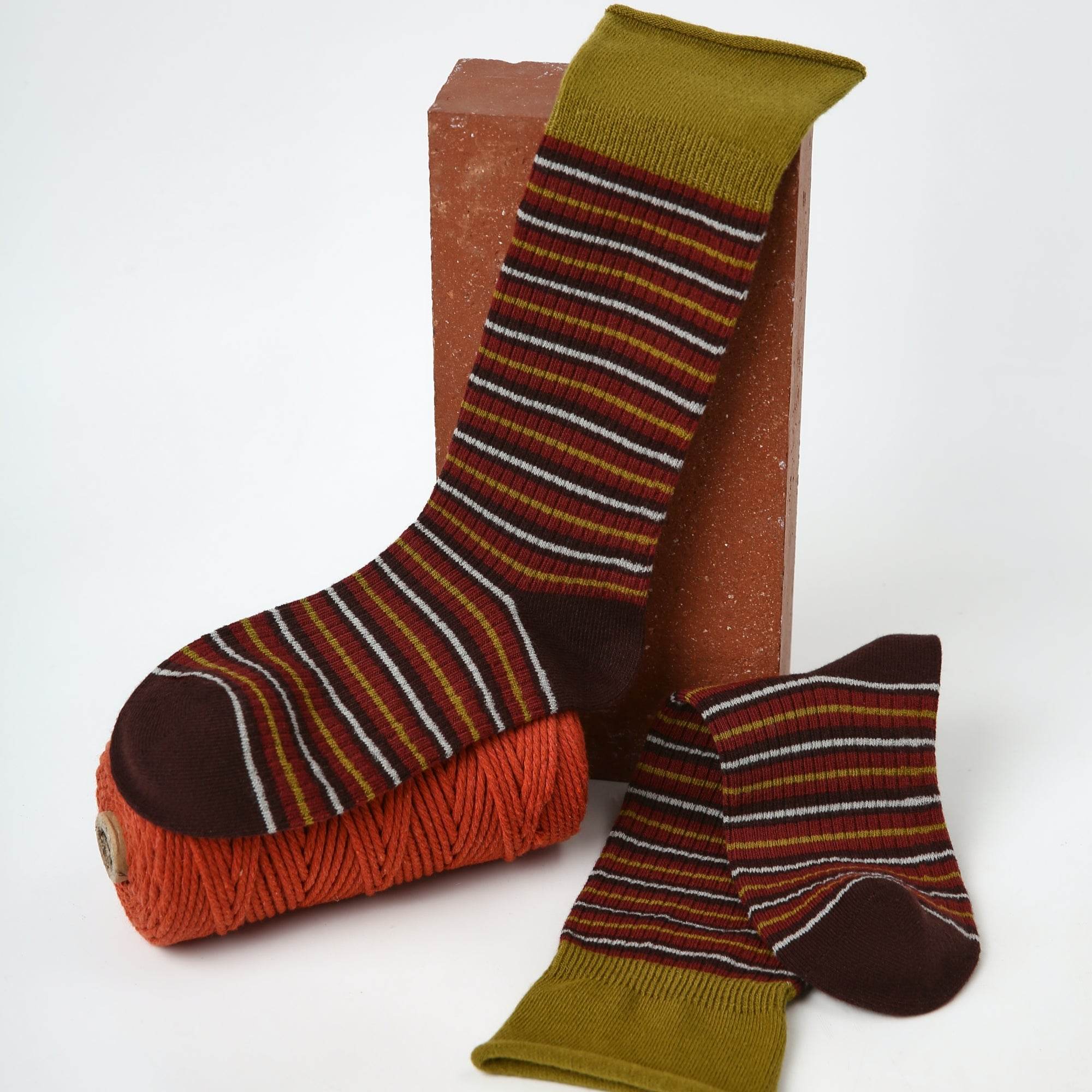 Women's Olive Cuff Stripe Crew Socks - Single Pair