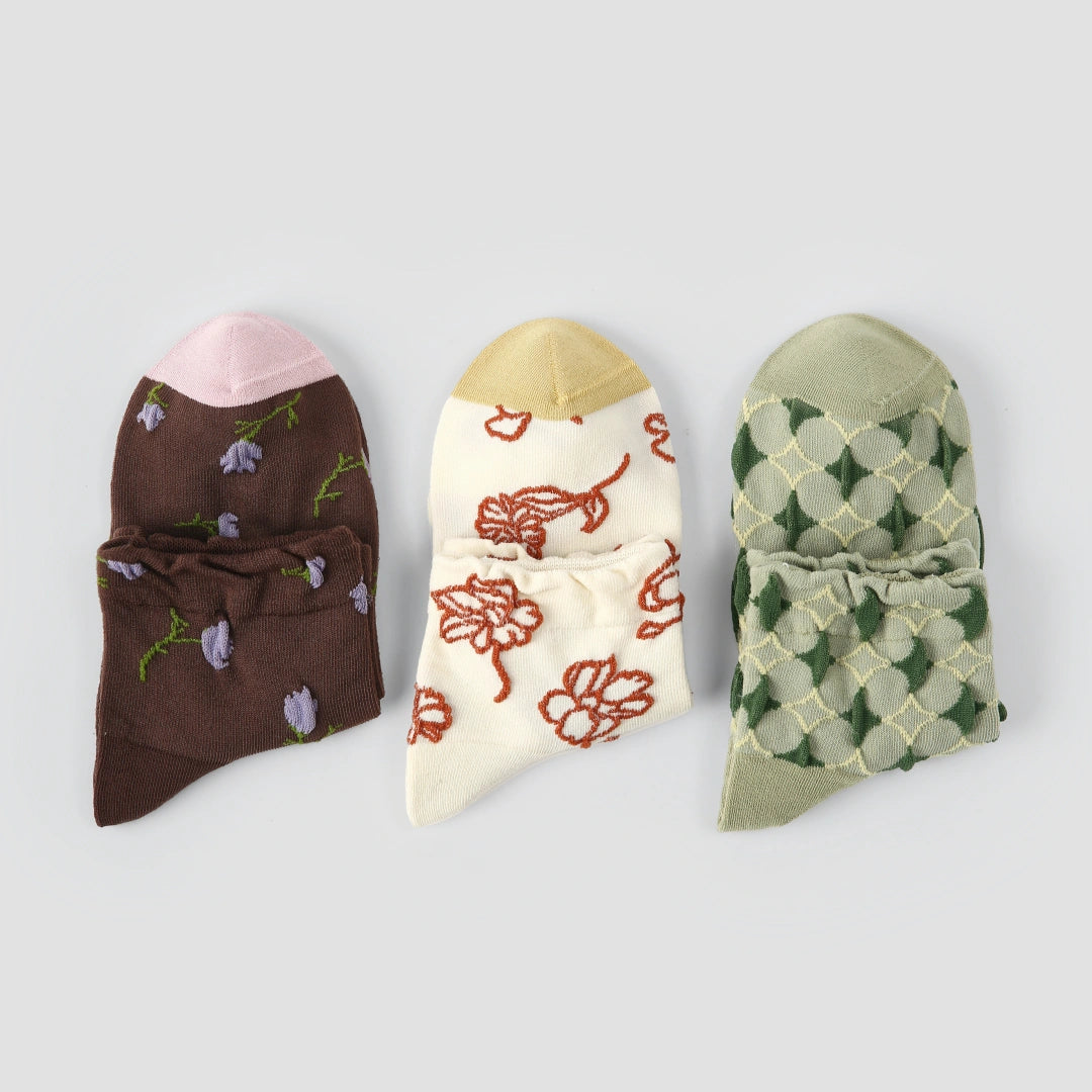 Vintage Floral Embossed Ankle Socks 3-Pack - sock set showing soft cotton comfort