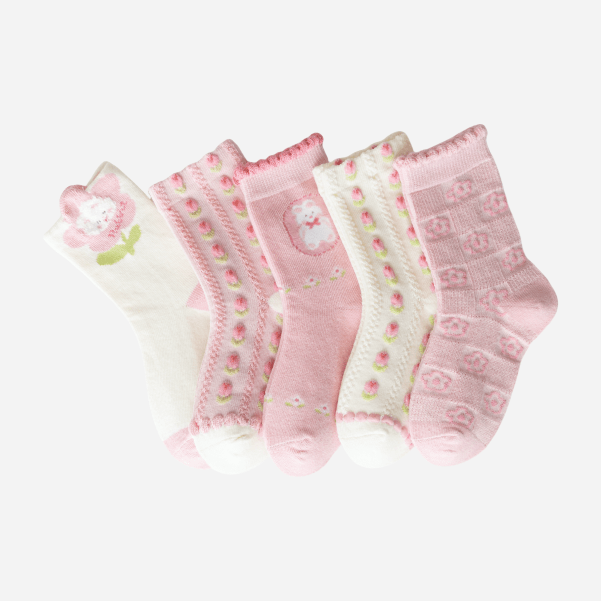 Kid's Girls' Dainty Floral & Bear Crew Socks - 5 Pairs - Weavasocks