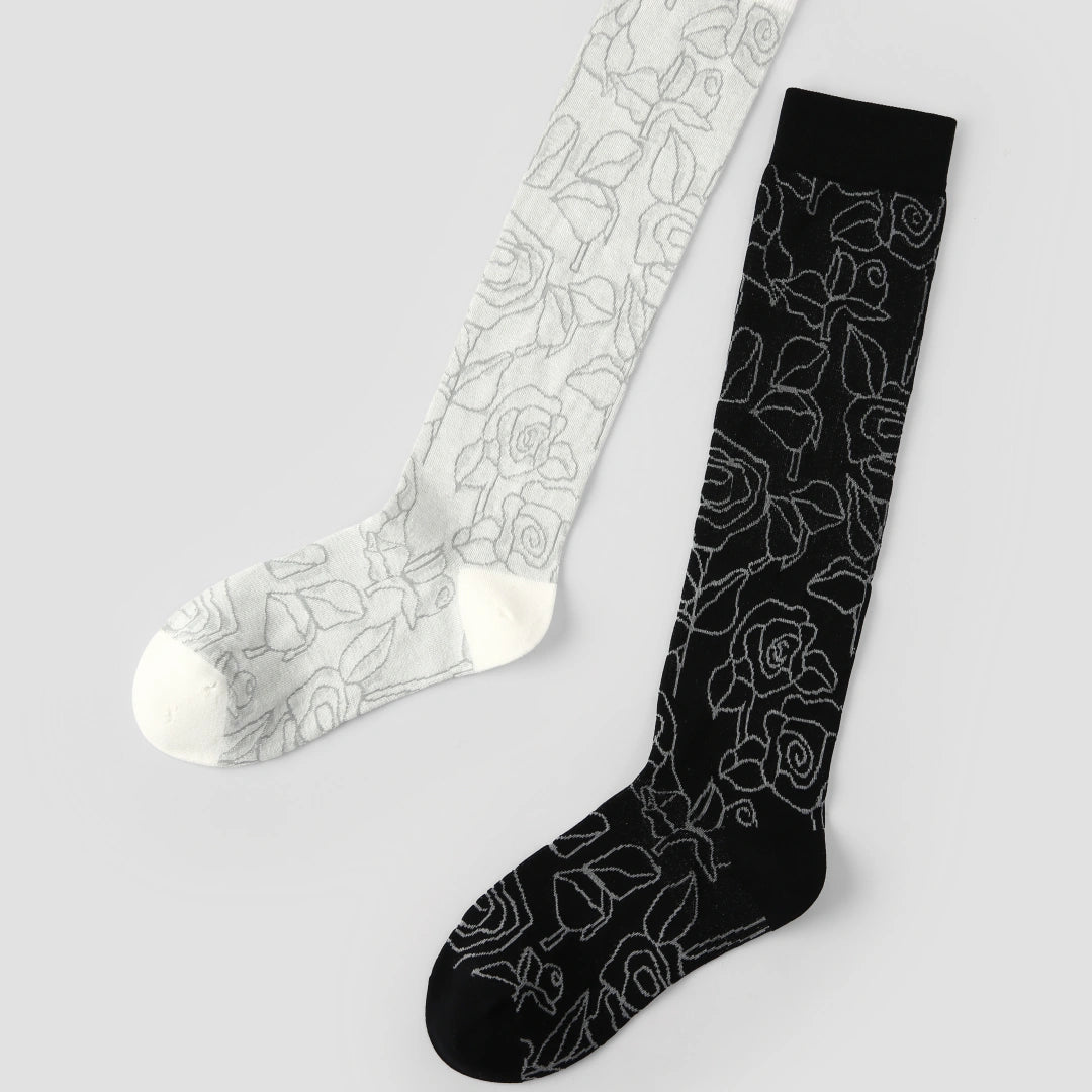 Women's Sheer Graphic Rose Calf Socks - product photo showing seamless stretch comfort