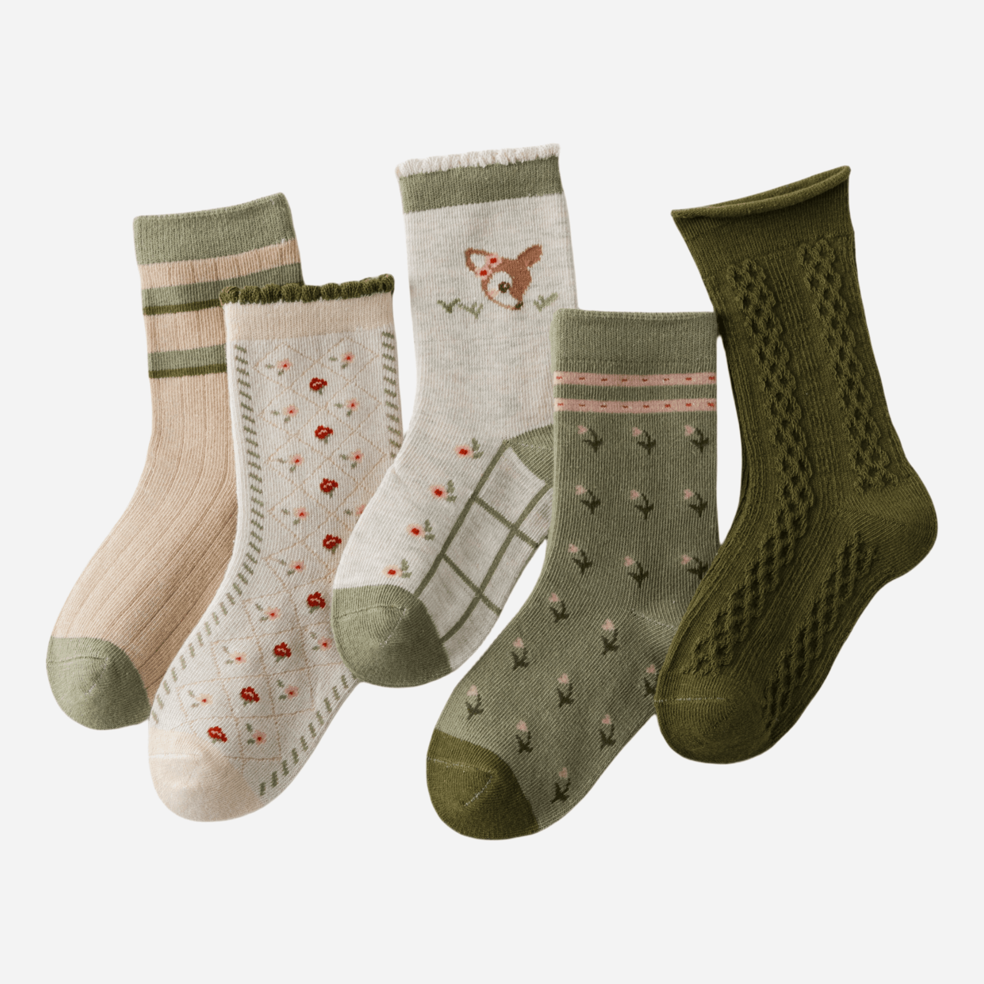 Kid's Girls' Woodland Fawn & Floral Crew Socks - 5 Pairs - Weavasocks