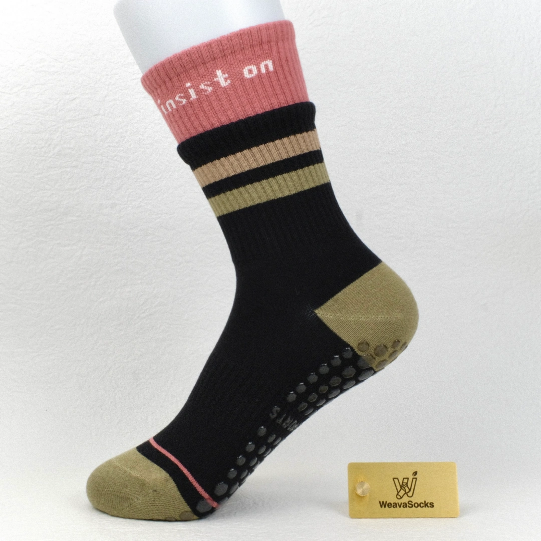 Women's Retro Striped Non-Slip Yoga & Pilates Crew Socks - product photo showing secure grip comfort