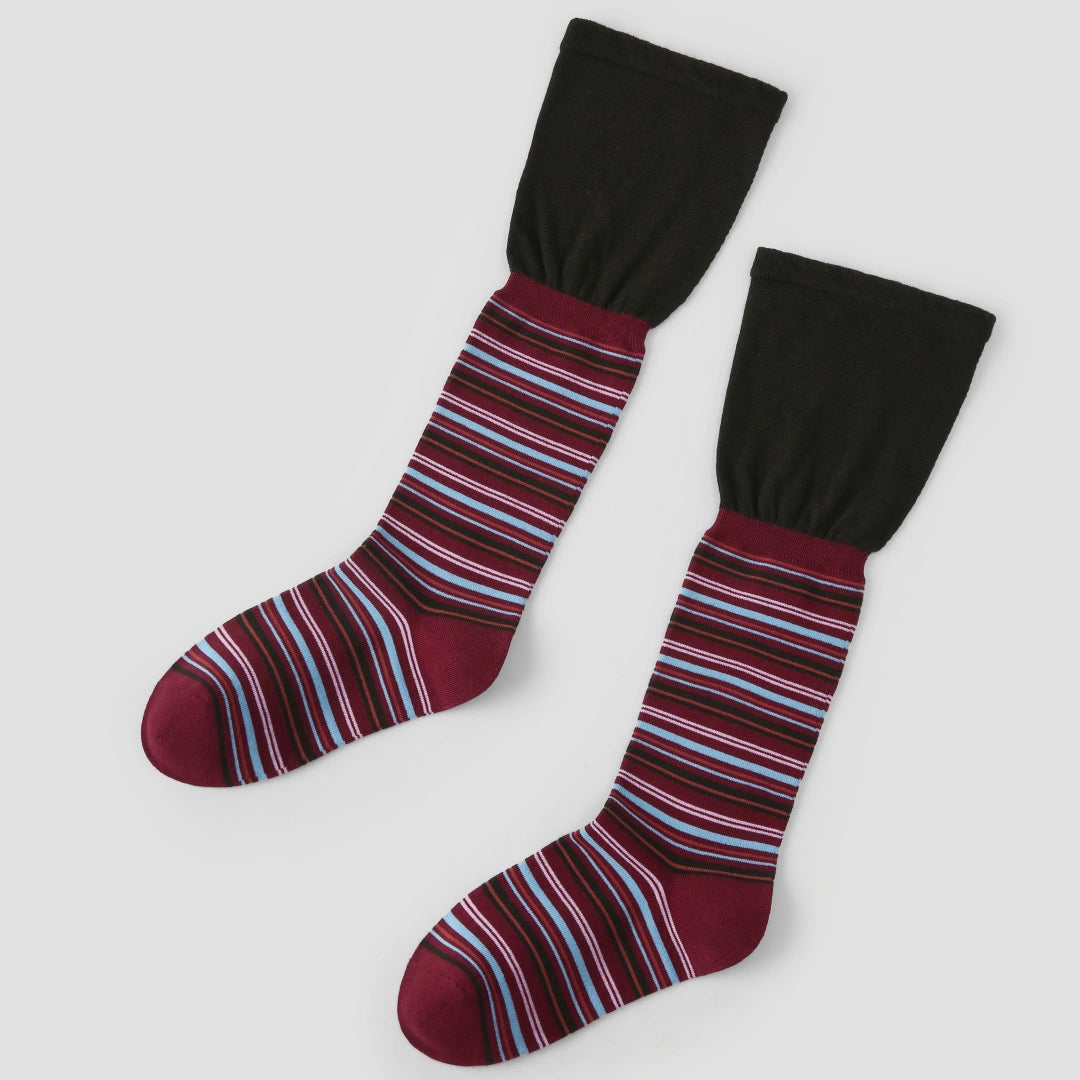Women's Designer Burgundy & Sky Blue Striped Non-Binding Slouch Crew Socks