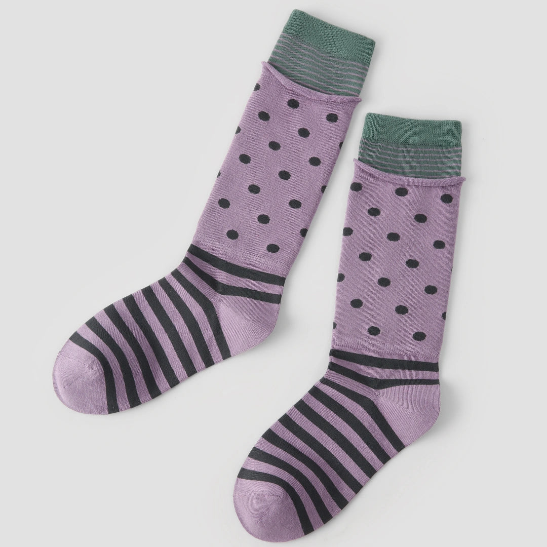 Women's Designer Dusty Purple & Charcoal Polka Dot Striped Non-Binding Slouch Crew Socks