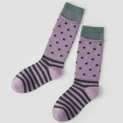 Women's Designer Dusty Purple & Charcoal Polka Dot Striped Non-Binding Slouch Crew Socks