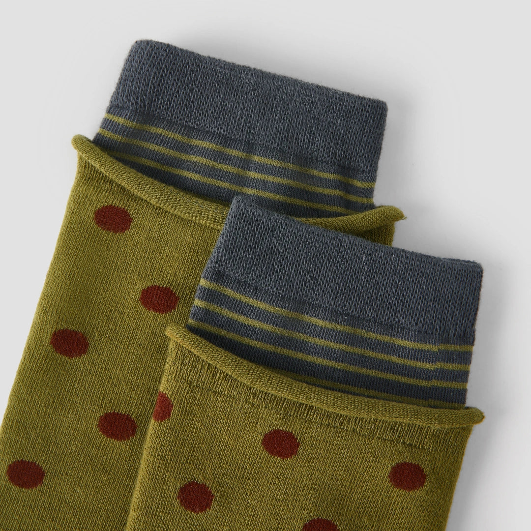 Women's Designer Olive & Rust Polka Dot Striped Non-Binding Slouch Crew Socks