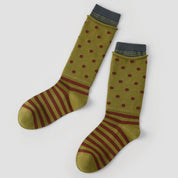 Women's Designer Olive & Rust Polka Dot Striped Non-Binding Slouch Crew Socks