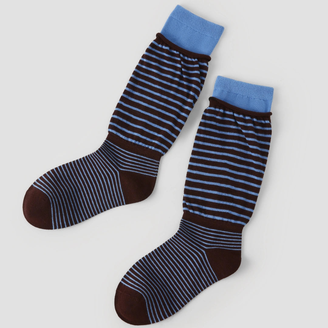 Women's Designer Espresso & Sky Blue Striped Non-Binding Slouch Crew Socks