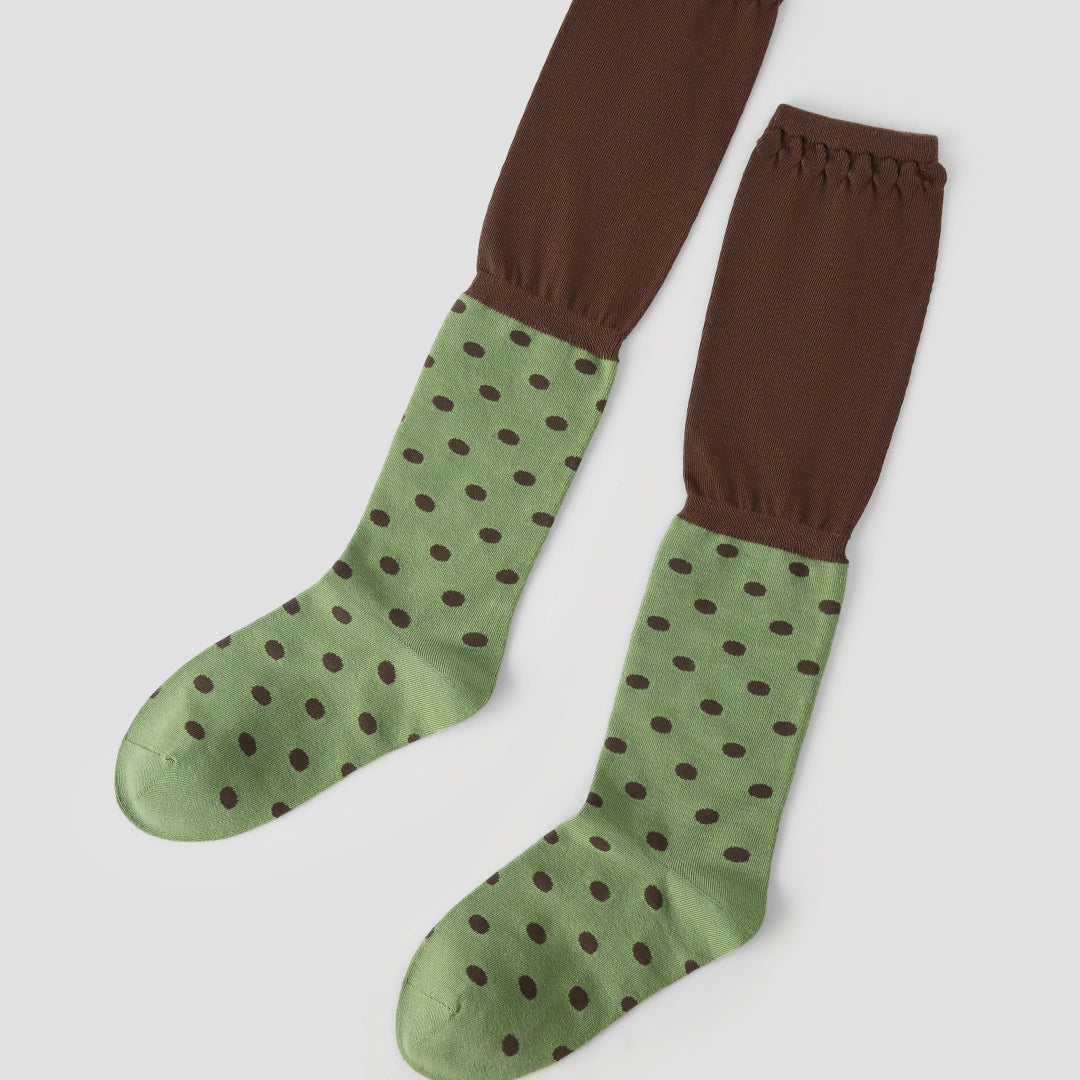 Women's Designer Matcha & Espresso Polka Dot Ruched Slouch Crew Socks
