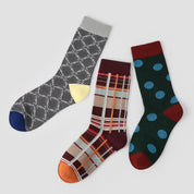 Women's Designer Retro Geometric Plaid & Polka Dot Crew Socks (3-Pack)