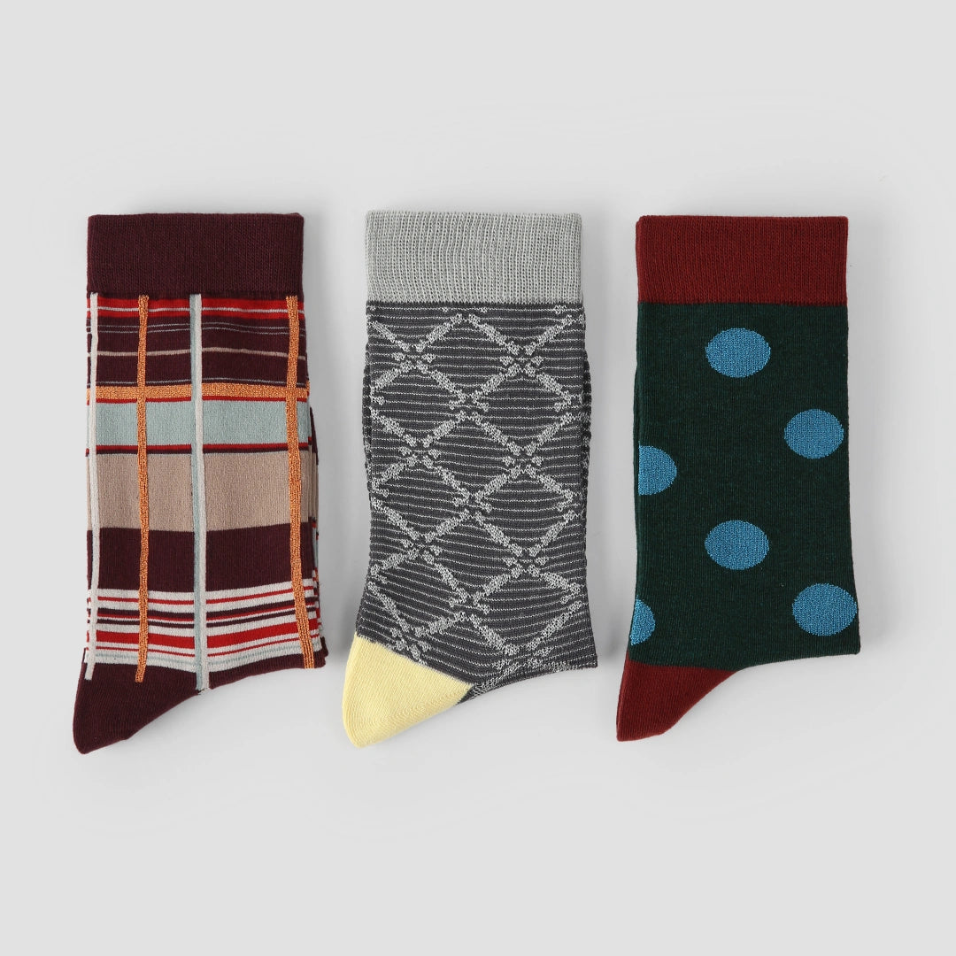 Women's Designer Retro Geometric Plaid & Polka Dot Crew Socks (3-Pack)